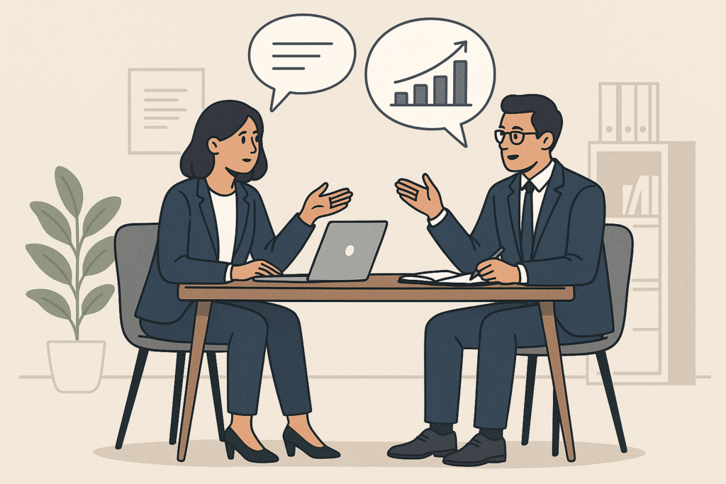 Business consultant and entrepreneur discussing startup strategy during a business consultation meeting at an office.