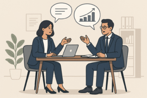 Business consultant and entrepreneur discussing startup strategy during a business consultation meeting at an office.