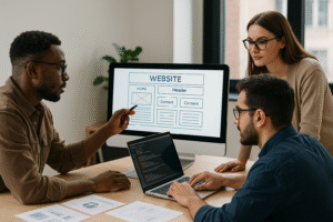 Business consultant and entrepreneur discussing startup strategy during a business consultation meeting at an office.