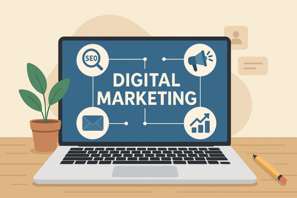 Laptop screen displaying the words “Digital Marketing” with icons for SEO, social media, email, and analytics, representing modern online marketing strategies.