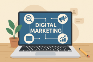 Laptop screen displaying the words “Digital Marketing” with icons for SEO, social media, email, and analytics, representing modern online marketing strategies.